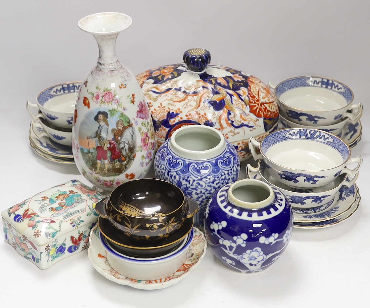A 19th century Japanese Imari box and cover together with other Japanese, Chinese and European ceramics, largest 25cm